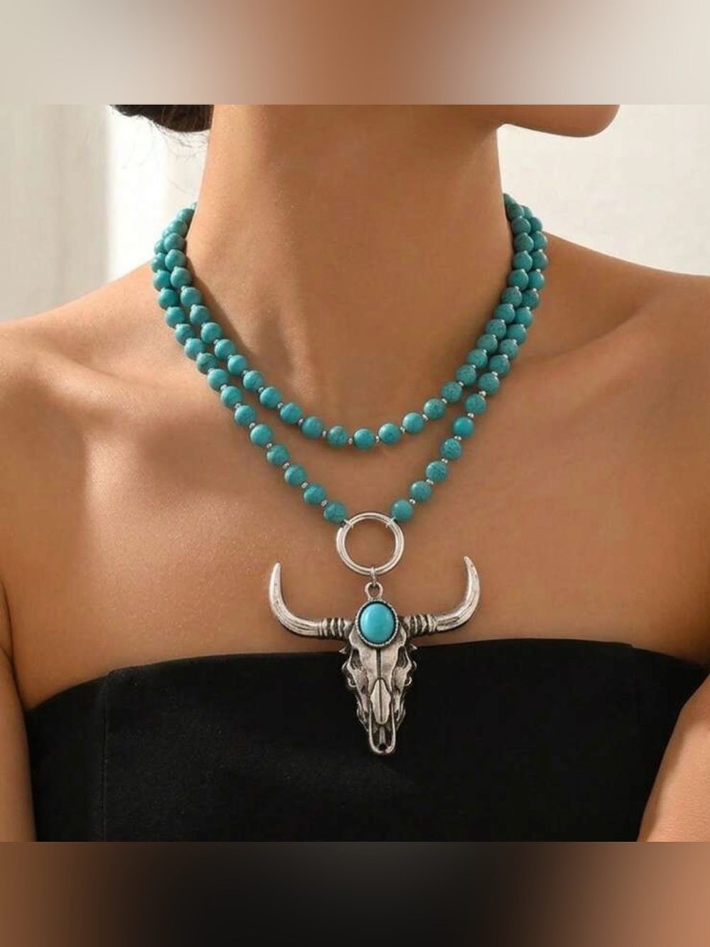 Western Necklace Turquoise Beaded Double-Layer Bull Skull Necklace